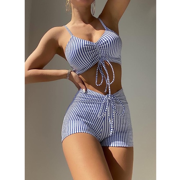 Sporty Blue and White Striped Drawstring Bikini with Boy Shorts - Picture 5 of 14